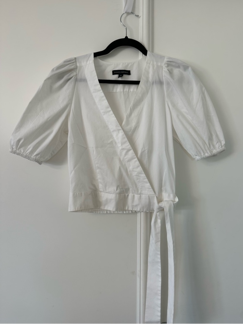 Banana Republic White Wrap Top with Puff Sleeves